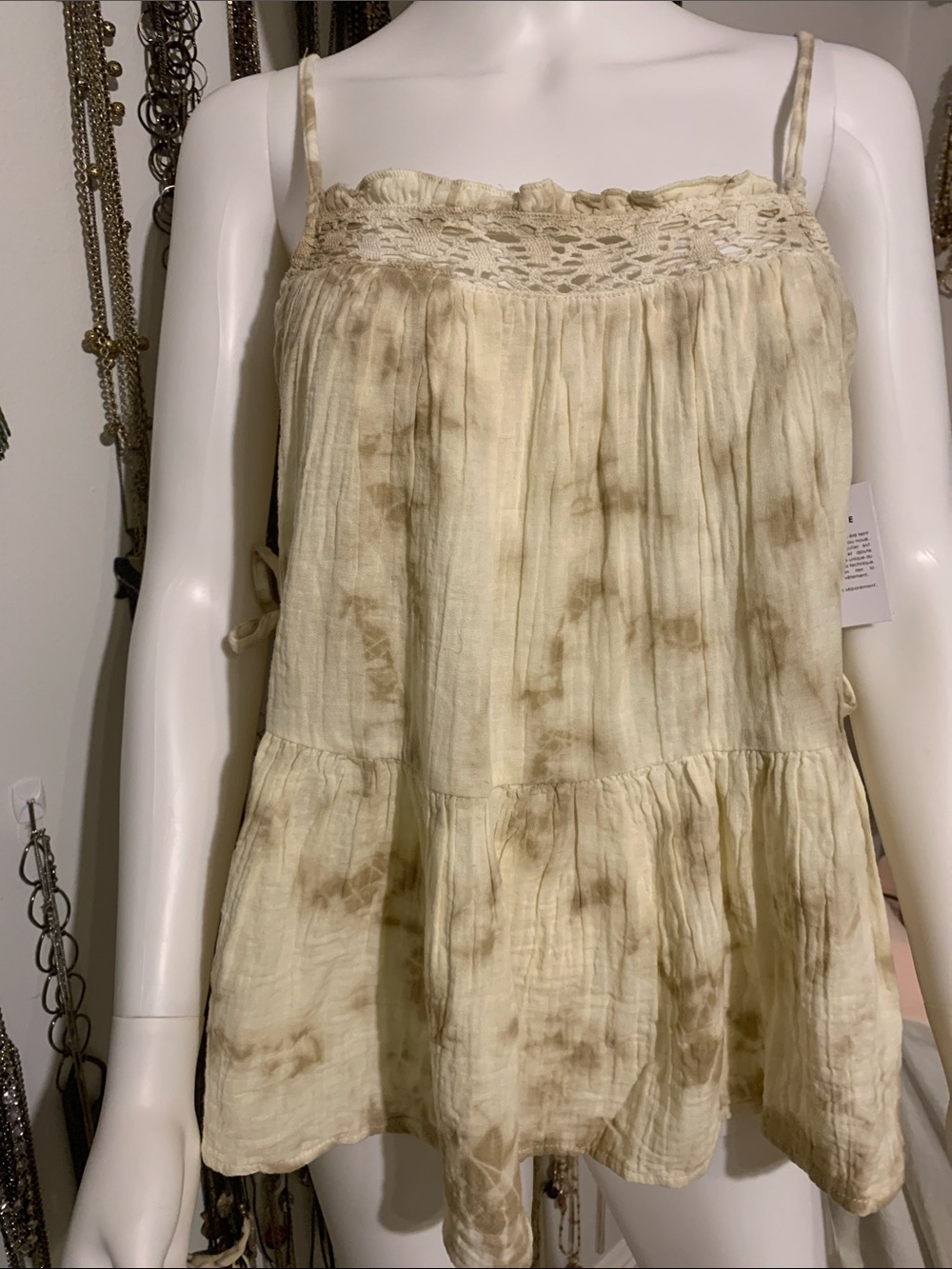 Black Label Cream and Brown Tie-Dye Lace Yoke Cami